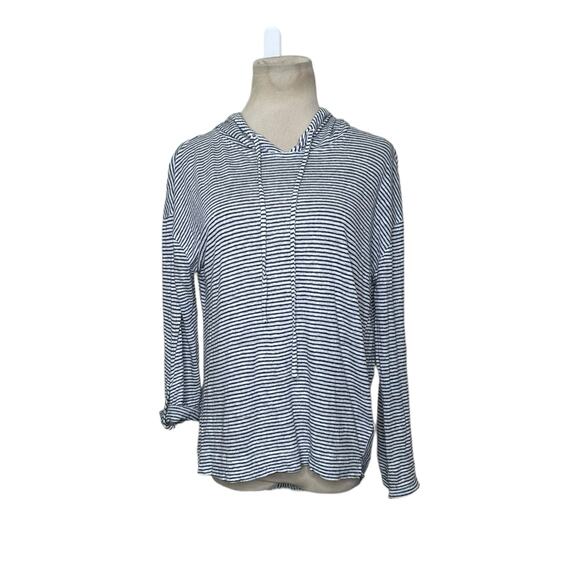 C&C blue white linen striped 3/4 sleeves lightweight hoodie size Small - Picture 13 of 13